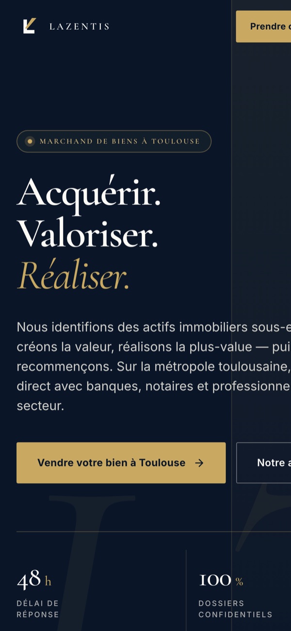 lazentis-invest.com sur smartphone : la même identité bleu nuit et or, parfaitement adaptée au mobile